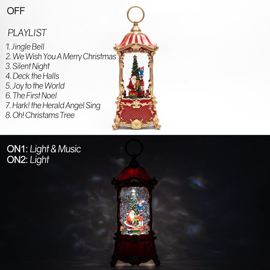 14" Christmas Snow Globe Lantern with Santa Claus - Swirling Glitter LED Light Musical Water Lantern with Rotatable