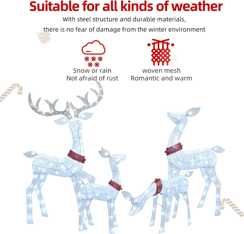 Christmas Decorations Outdoor Reindeer Family - 4-Piece 3D Lighted Deer Set with 245 LED Lights, Yard Christmas Decor
