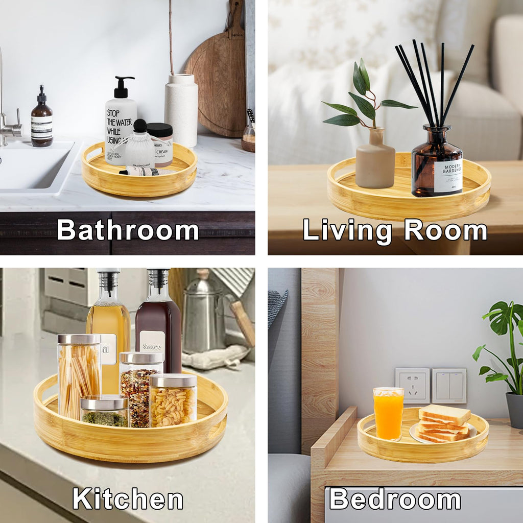 Wooden Lazy Susan Organizer for cabinet-12 Inch Bamboo Kitchen Turntable Organizer with Double Handles-Large Bamboo