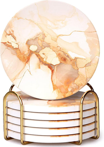 Gold Marble Abstract Ceramic Coasters with Holder for Coffee Table - Set of 6