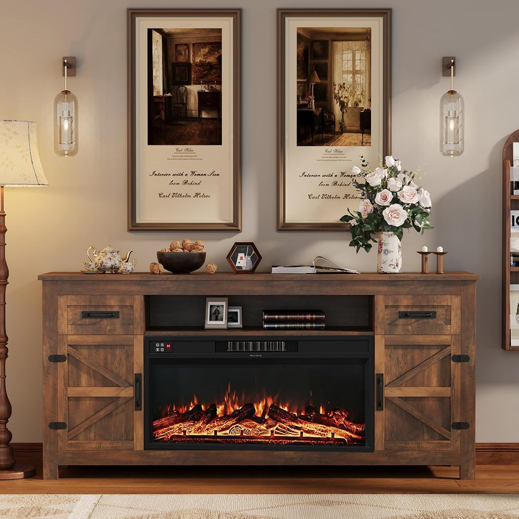 Fireplace TV Stand with Barn Door, 70 inch, Walnut