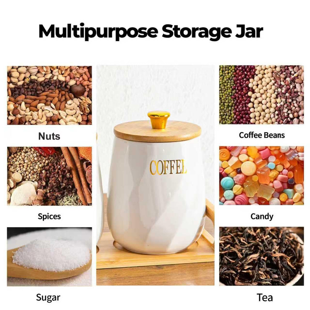 Ceramic Canister Set of 3 for Sugar Coffee Tea with Tray, White Airtight Food Storage Jars with Wood Lids, Kitchen