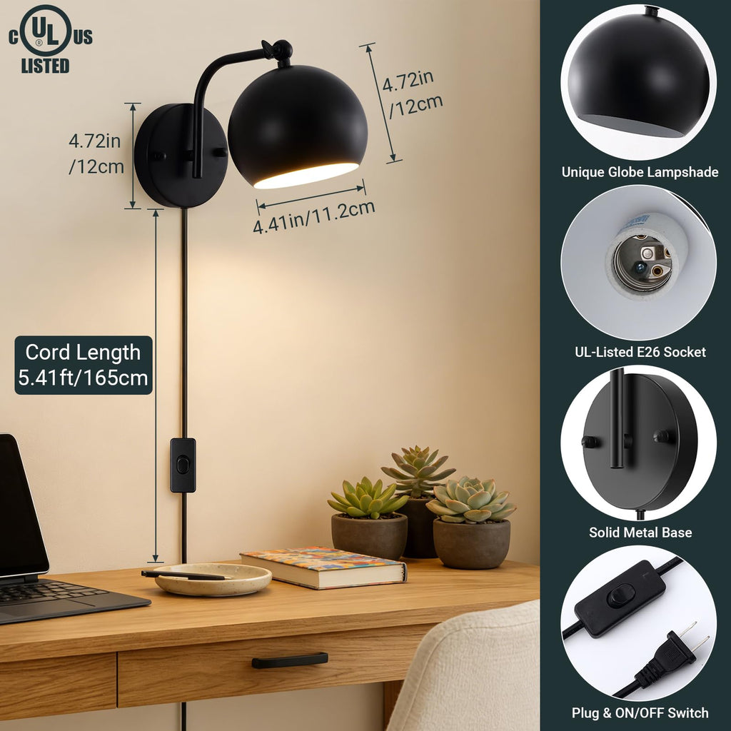 Plug in Wall Sconces Set of 2, Adjustable Angle Black Wall Lights with Plug in Cord & On/Off Switch, Bedside Wall
