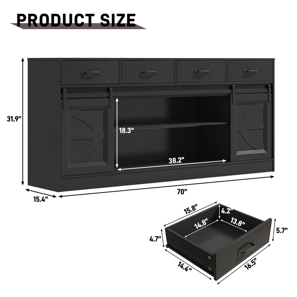 70" Large Buffet Sideboard Cabinet w/4 Drawer, Farmhouse Coffee Bar Cabinet Buffet with Storage, Sliding Door, Long