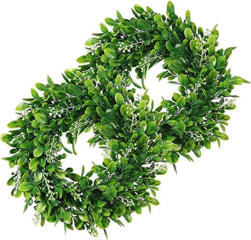 Boxwood Wreath with Artificial Wreath Green Leaves Door Wall Window Decoration,11Inch/PC - Set of 2