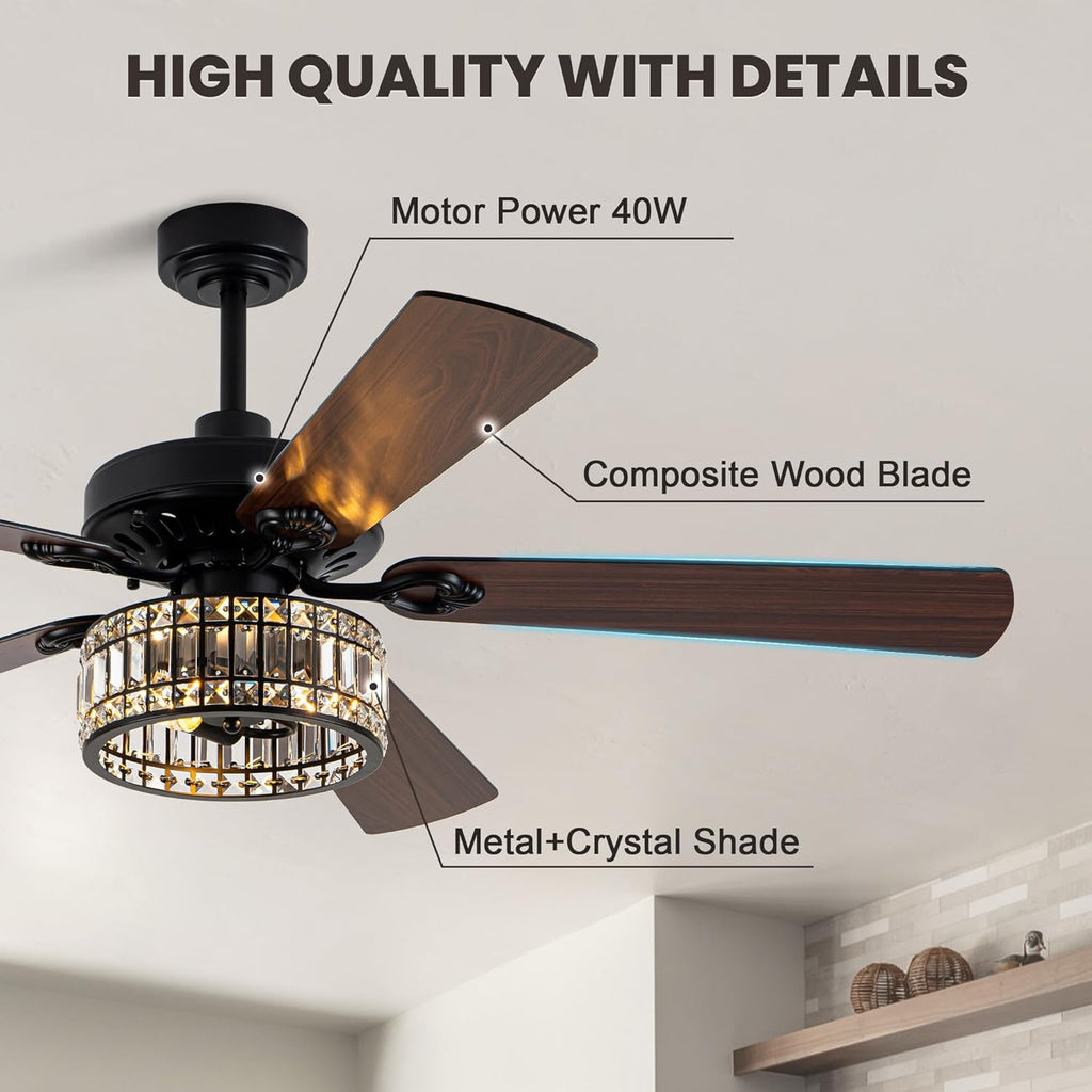 60 Inch Crystal Chandelier Ceiling Fans with Lights Black Large Modern Ceiling Fans Quiet and Reversible DC Motor 6