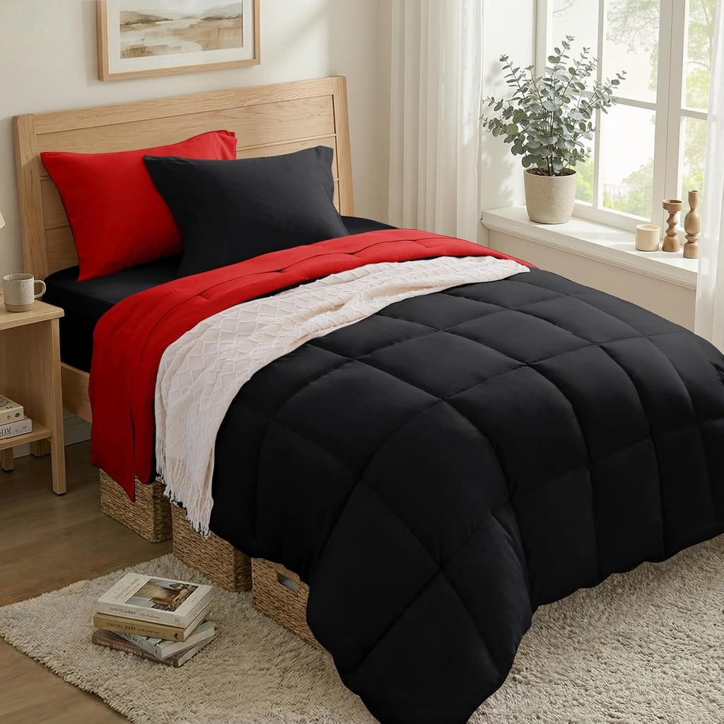 Anluoer Twin Comforter Set 5 Pieces, Black Bed in a Bag Bedding Set with 1 Comforter(68"*88"), 1 Pillow Sham