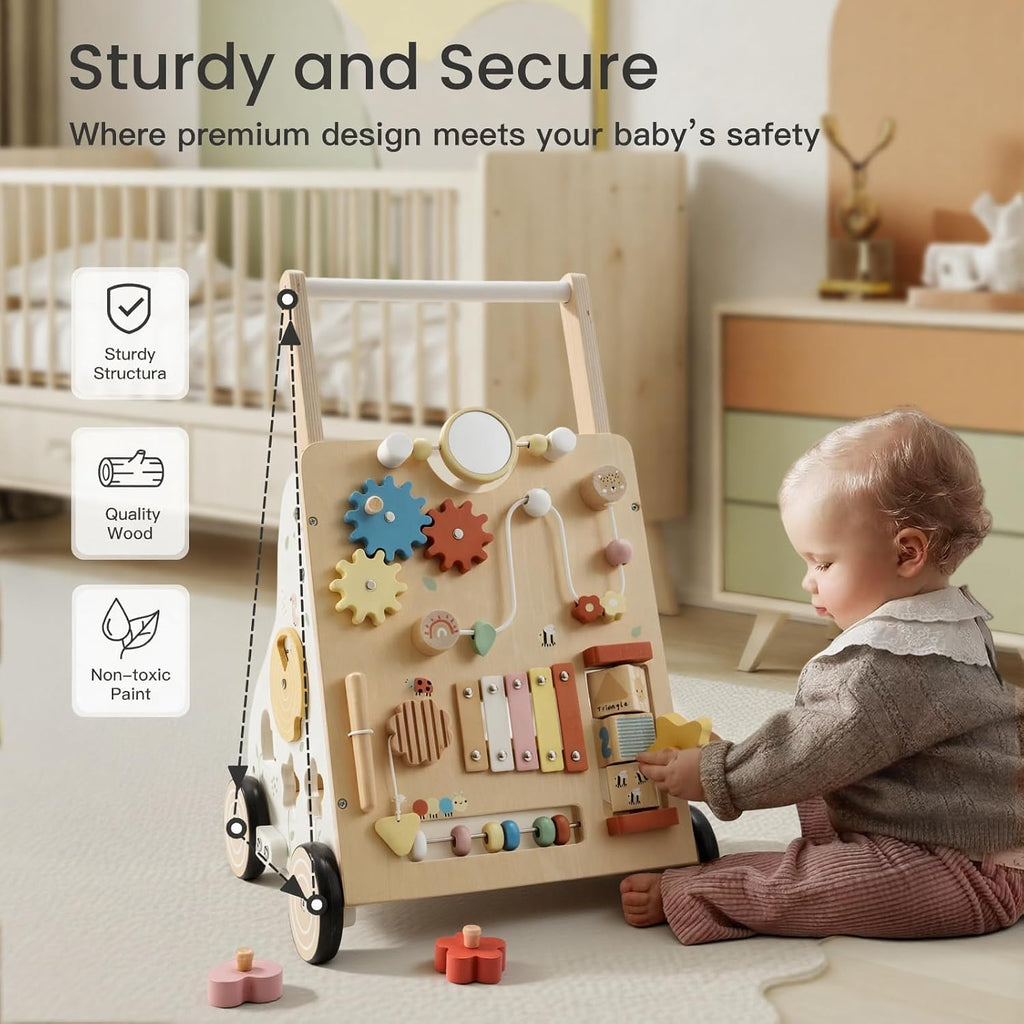 Wooden Baby Walker, Baby Push Walker for Boys and Girls 12 Months+, Adjustable Speed and Height Activity Walker