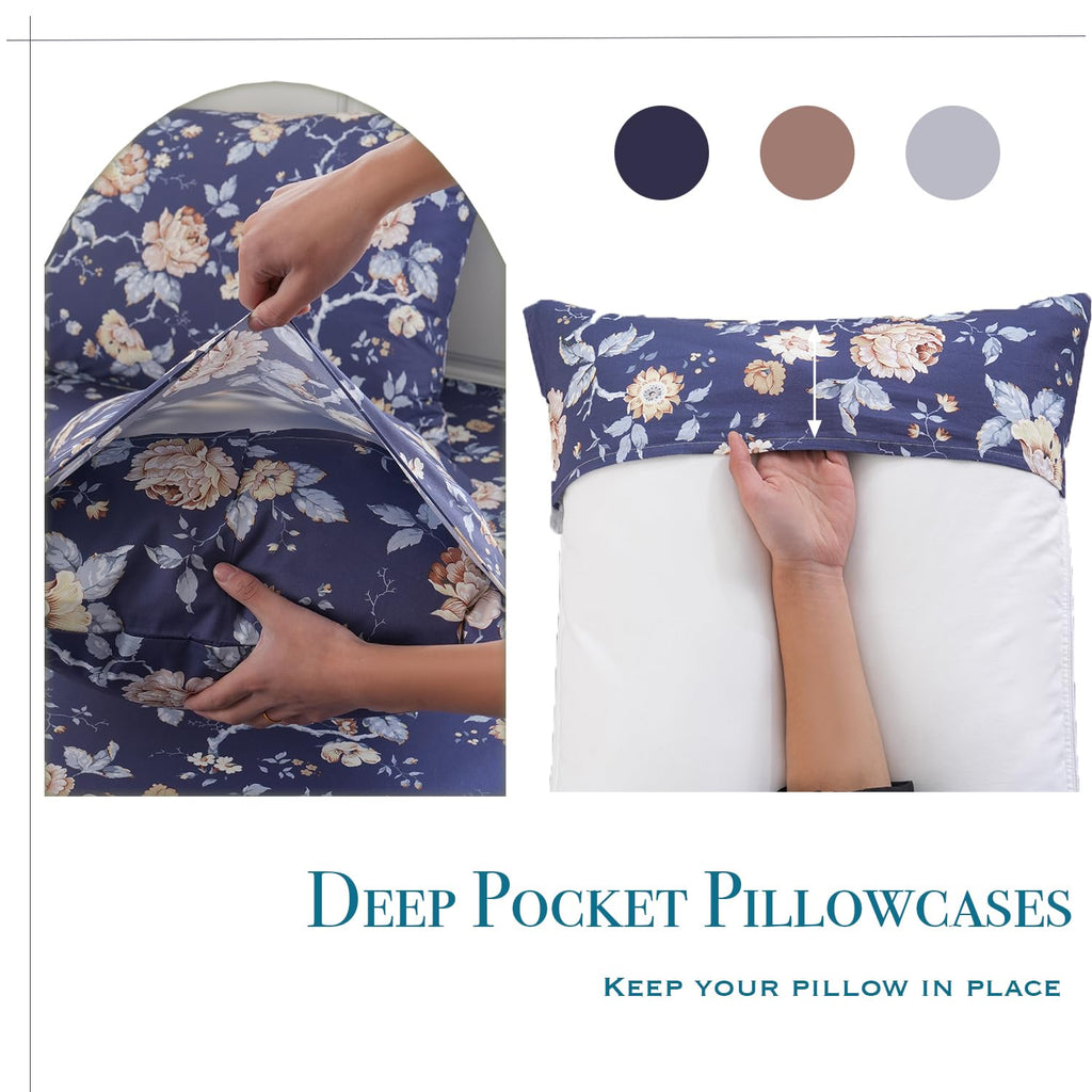 Navy Blue Floral Bed Sheets Set - King Size Percale Cotton Shabby Rustic Peony Flower Print Dark Bed Sheets - Soft