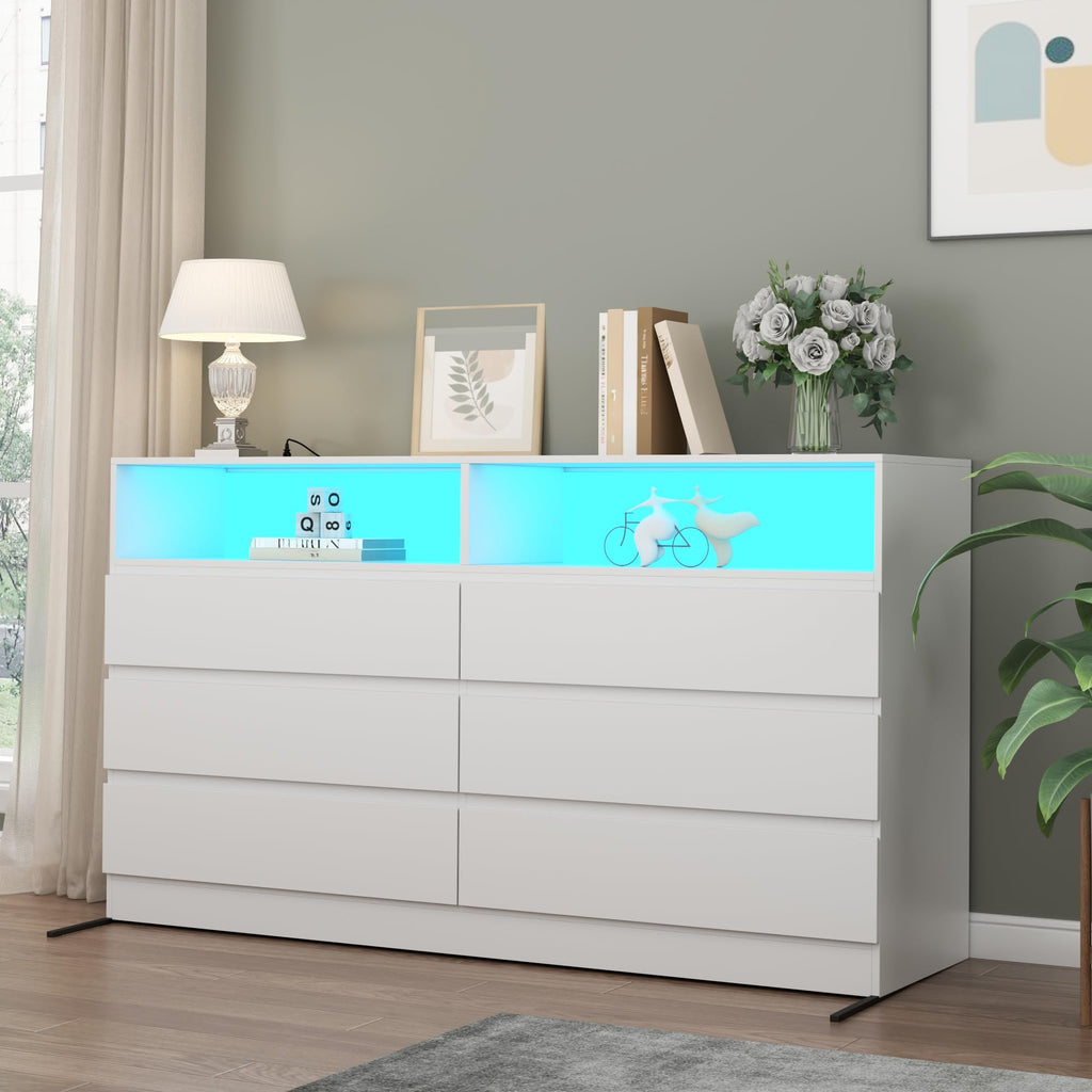White 6-Drawer w/ Power Outlet and LED Light