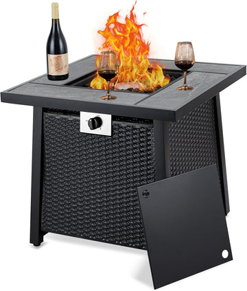 28 Inch Propane Fire Pit Table, 50000BTU Rectangle Fire Table with Cover, Sturdy Steel and Iron Fence Surface, CSA