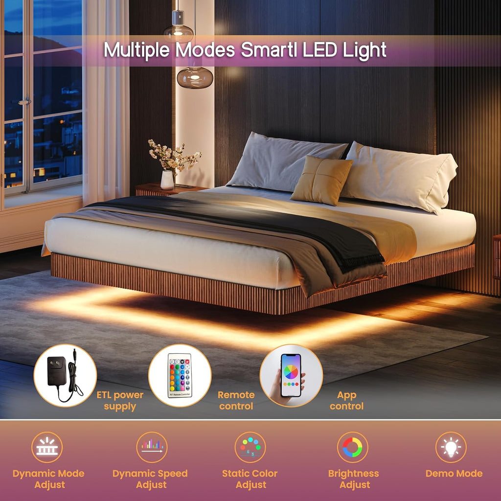 Classic Low Profile Floating Platform Bed, 10" High Floor Solid Wood Bed Frame With Led Ambient