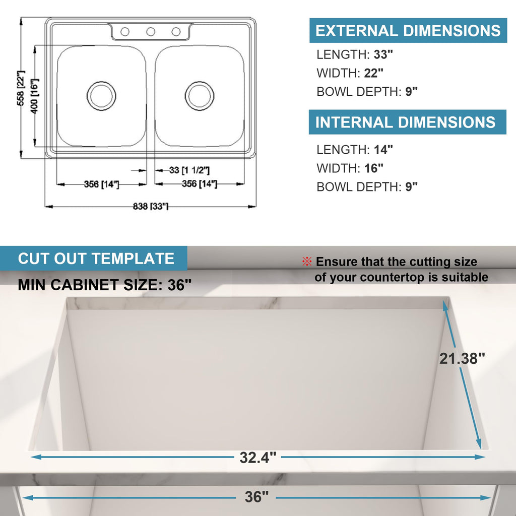 33x22 Drop In Double Bowl 33 Inch 50/50 Topmount Kitchen Sink