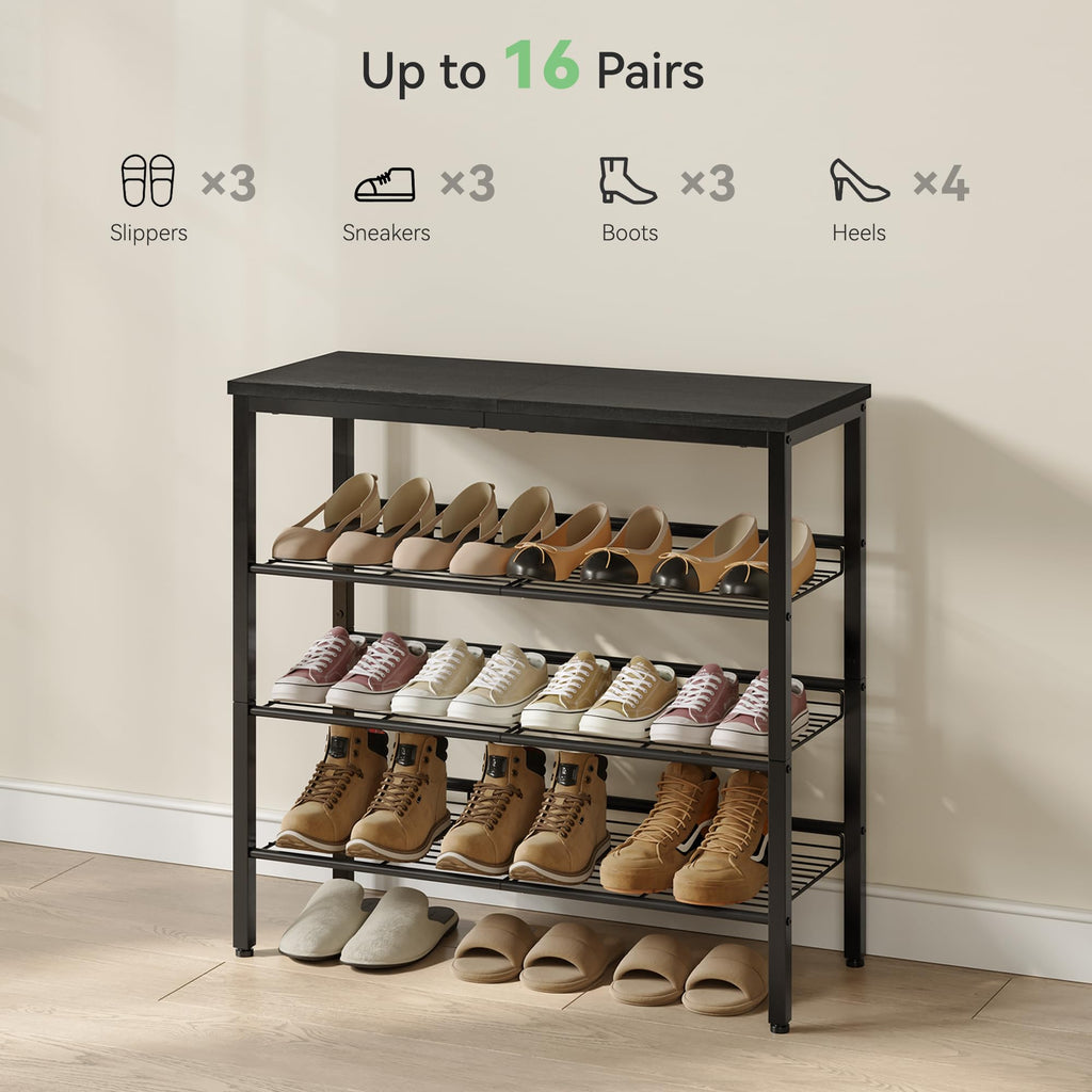 Shoe Rack for Closet, 4 Tier Shoe Organizer, Shoe Shelf with Storage Shelves and Spacious Top, Max Holds 16 of
