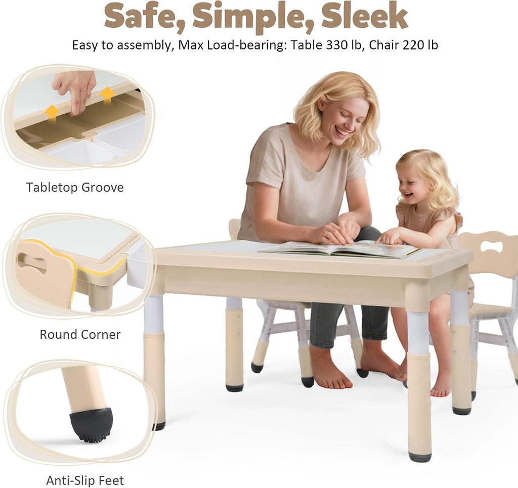 Kids Table and Chairs Set Large Storage, Height Adjustable