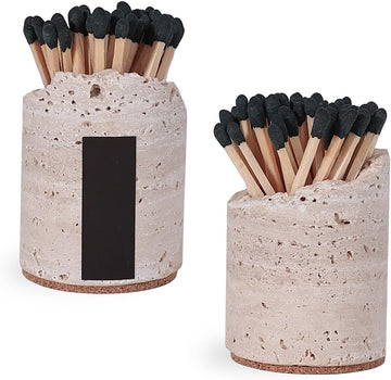 Match Holder with Striker Handmade Travertine Box Matches in a jar - Set of 2