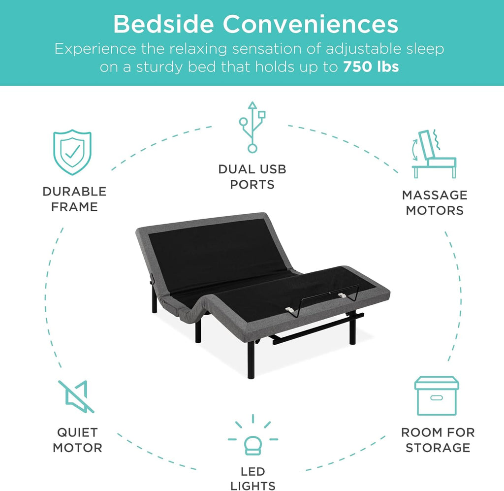 Ergonomic Queen Size Adjustable Bed Frame, Electric Base w/Wireless Remote Control, Nightlight, Massager, 2 USB Ports