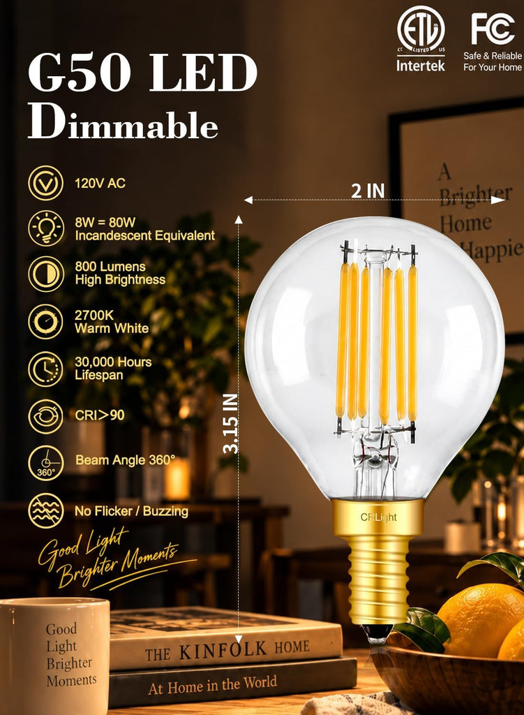 G16.5 Dimmable LED Globe Bulb 8W=80W, 2700K E12 8 Pack for Vanity