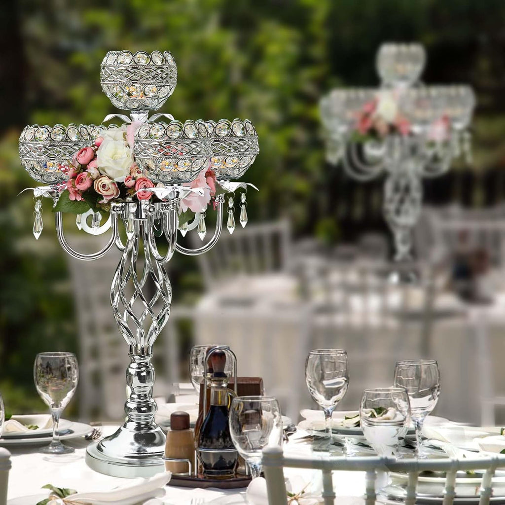 Crystal Candelabra Centerpiece, 5-Light Gold Metal Stand with Hanging Crystals, Decorative Wedding Table Holder (1