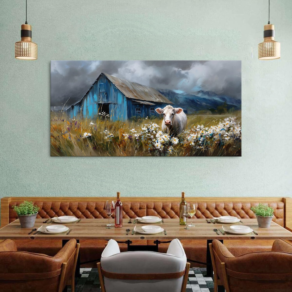 Rustic Farmhouse Wall Art Cow and Blue Barn Canvas Pictures Country Landscape Wall Decor Wildflower Field Painting