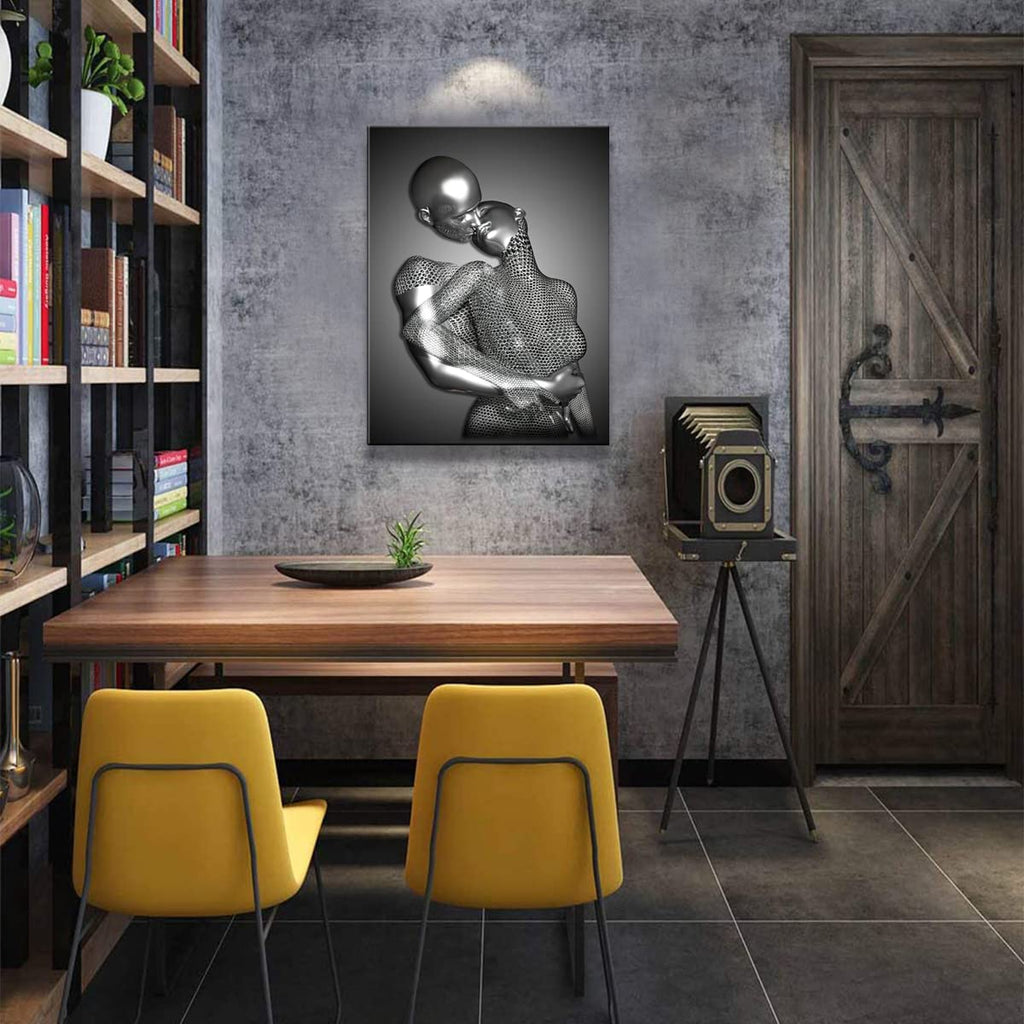 Framed 3 Pcs Love Heart 3d Wall Art Metal Sculpture Romantic Couple Abstract Art Prints Posters Decor Grey Black and
