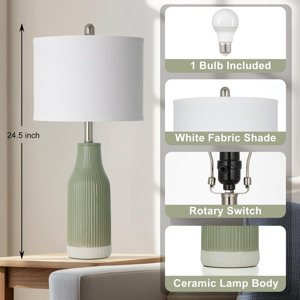 24.5" Ceramic Table Lamp, Sage Green Table Lamp End Table, Small Farmhouse Bedside Lamp for Nightstand (1 Pack)