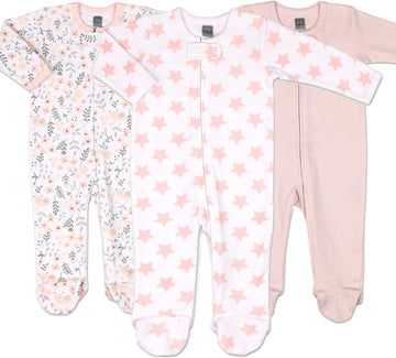 Baby Sleepers for Girls Set of Soft Cotton Footed Pajamas for Newborns, Infants & Toddlers - Flower