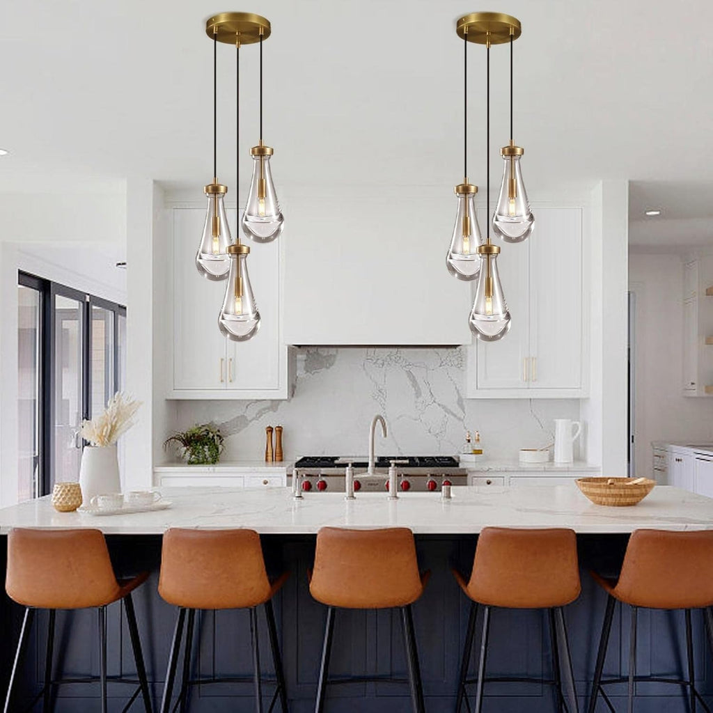 3-Light Raindrop Pendant Light Fixtures, Brass Glass Pendant Lighting, Teardrops Modern Hanging Light for Entryway Foyer Kitchen Island Dining Living Room Hallway A121-B0D49Y4HK3