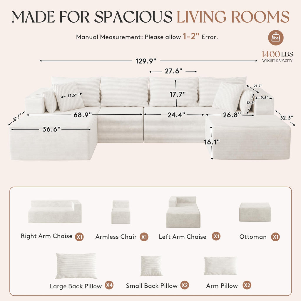 130" Cloud Sectional Boneless Couches, Modular U Shaped Couch with Deep Seat, Removable Ottoman, Memory Foam