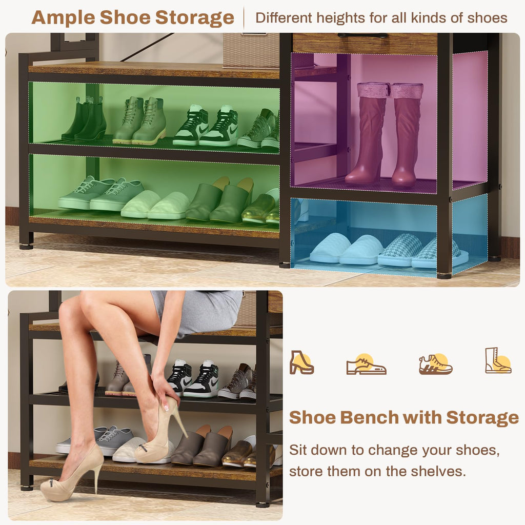Hall Tree with Bench and Shoe Storage, 7-in-1 Entryway Bench with Coat Rack, 3 Storage Cubbies, 3 Open Shelves, 17