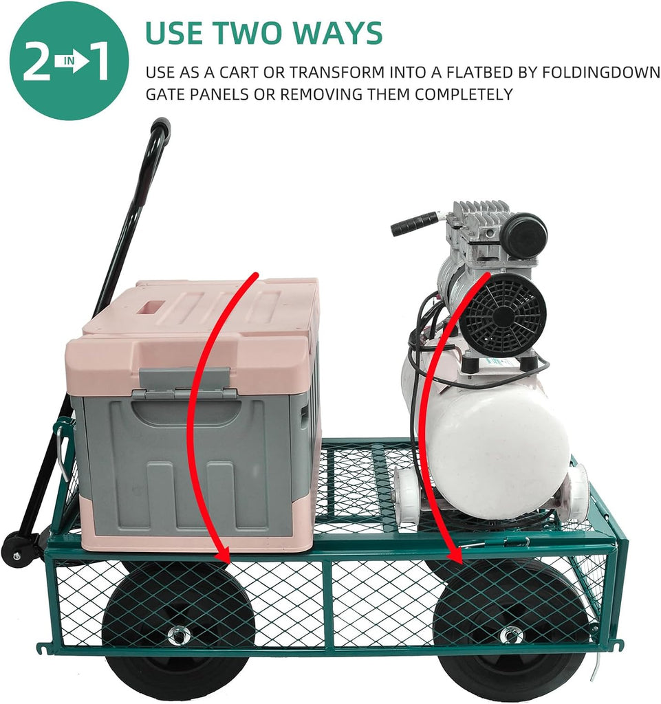 Heavy Duty 480 Lbs Capacity Mesh Steel Garden Cart Folding Utility Wagon with Removable Sides (Green)