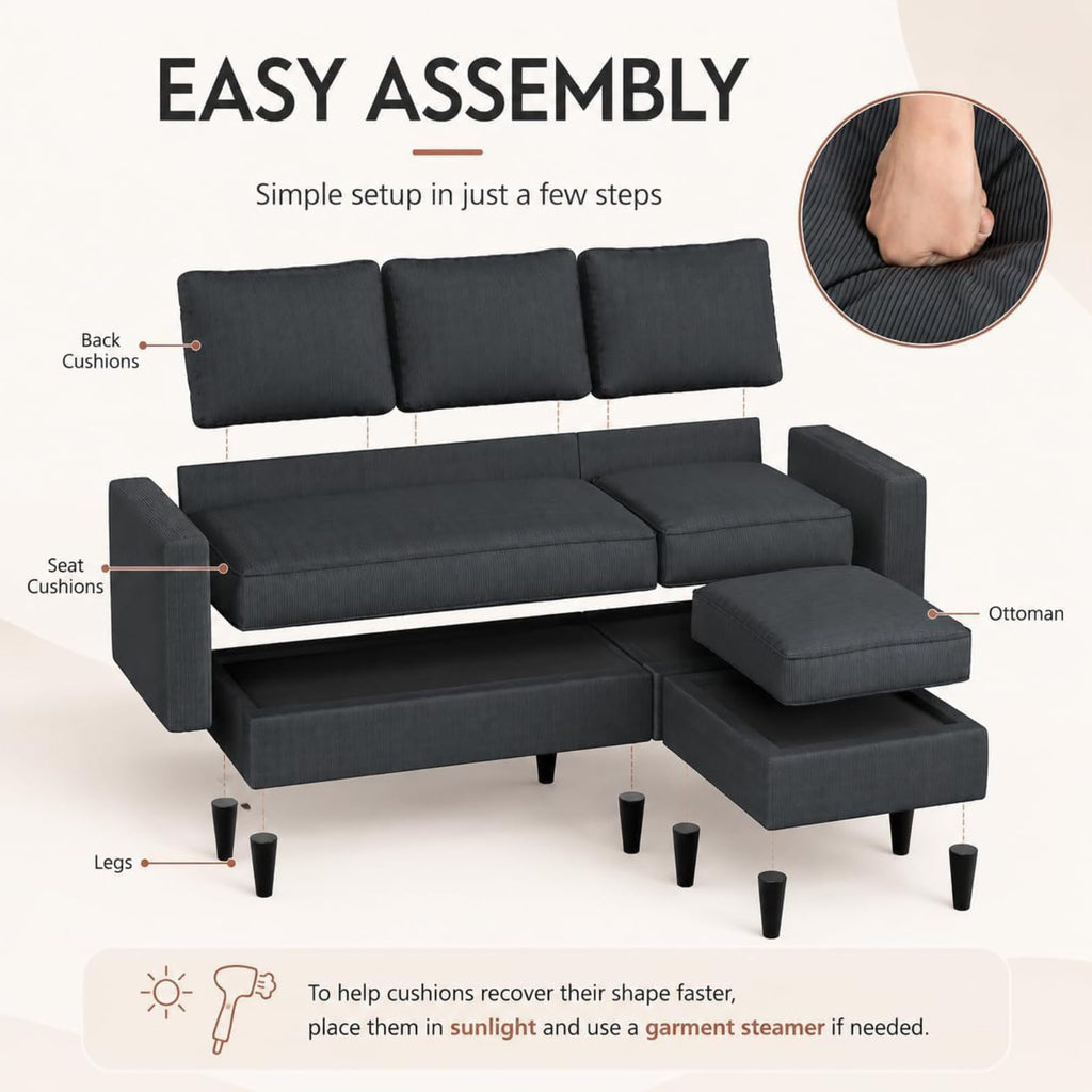73.6" L-Shaped Small Sectional Couch with Ottoman, Gray