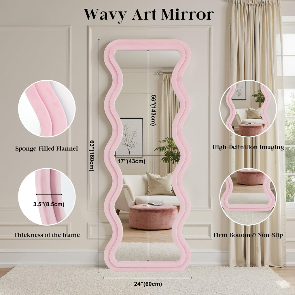 Irregular Wavy Full Length Mirror - 63"x24" Floor & Wall Mounted Mirror with Stand - Pink Flannel Wrapped Wooden Frame