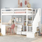 Wood Loft Bed Twin, Multifunctional Twin Bed Frame with L-Shaped Desk and Drawers, Cabinet and Storage Staircase, White
