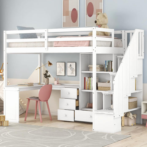 Twin Loft Bed with L Shaped Desk, Storage Drawers and Bookcase