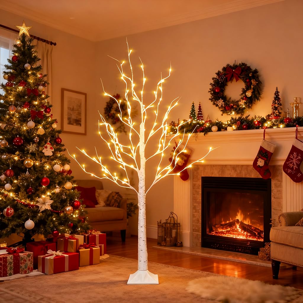 2 Pack Lighted Birch Tree, 4 FT Total 96 LED Pre-lit Artificial Christmas Tree with Timer, Christmas Decorations