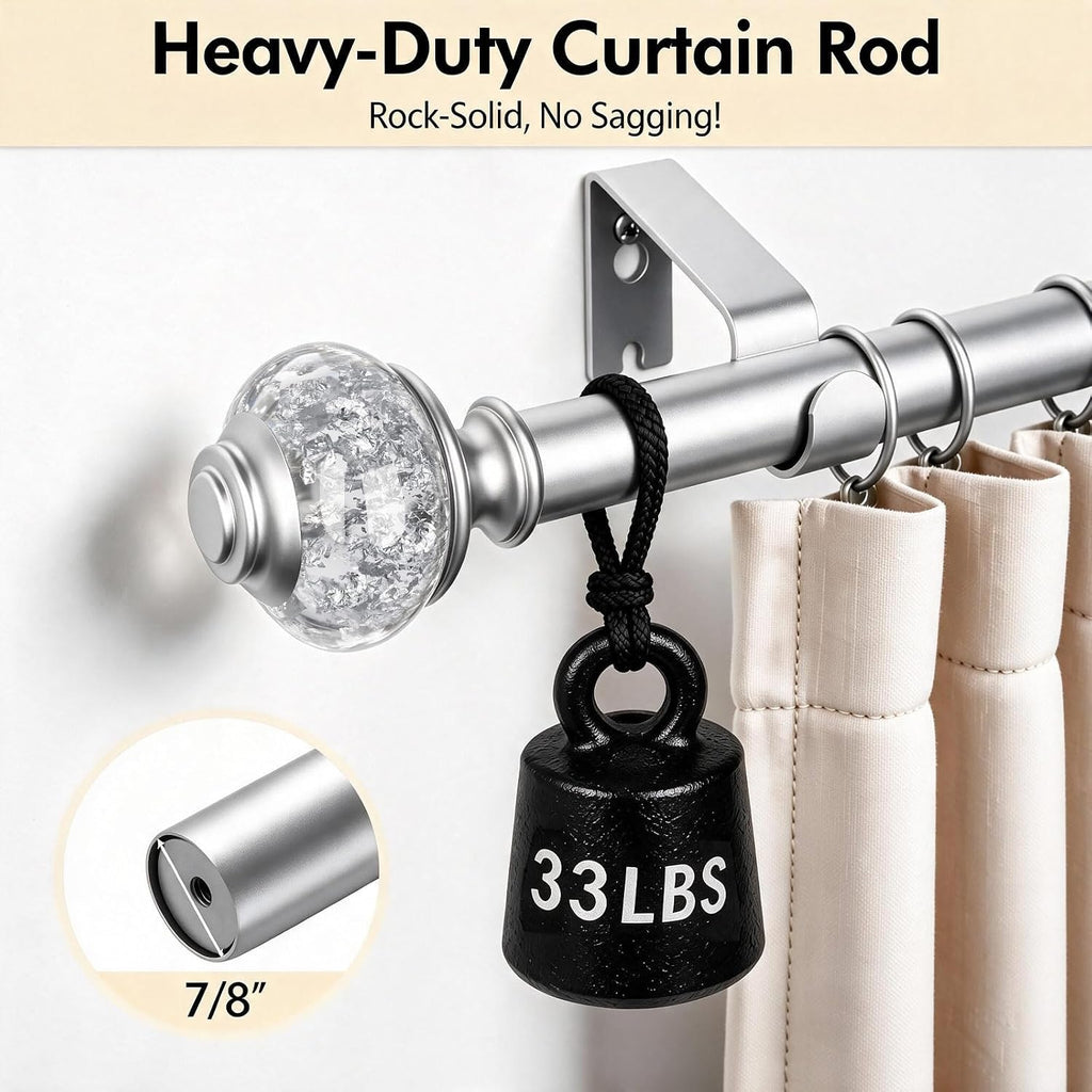Silver Curtain Rods for Windows 72 to 144, Decorative Drapery Rod