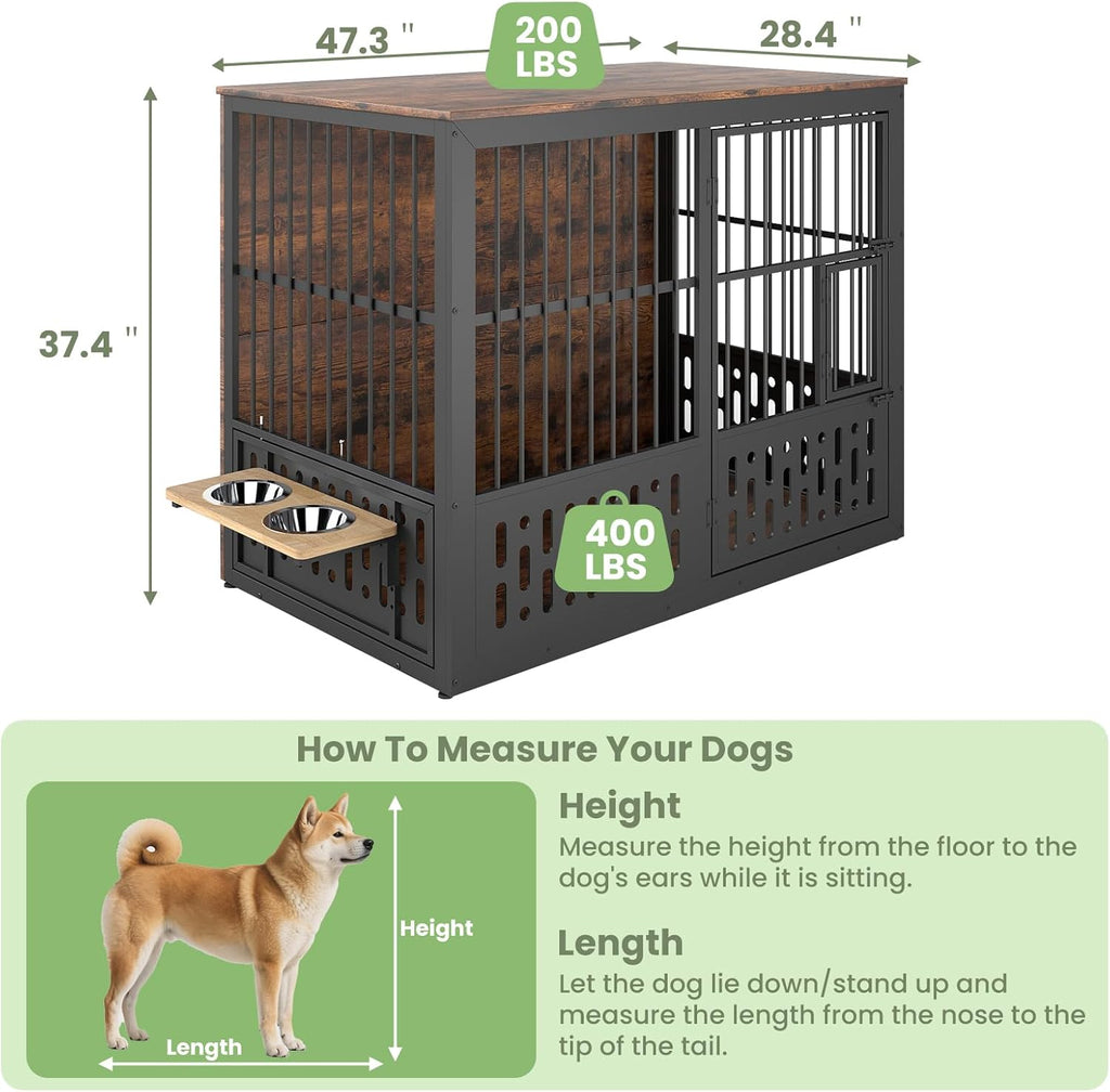 XXL Dog Crate Furniture, Wooden Chewproof Dog Kennel with Interactive Window, 360° Adjustable Bowls (5