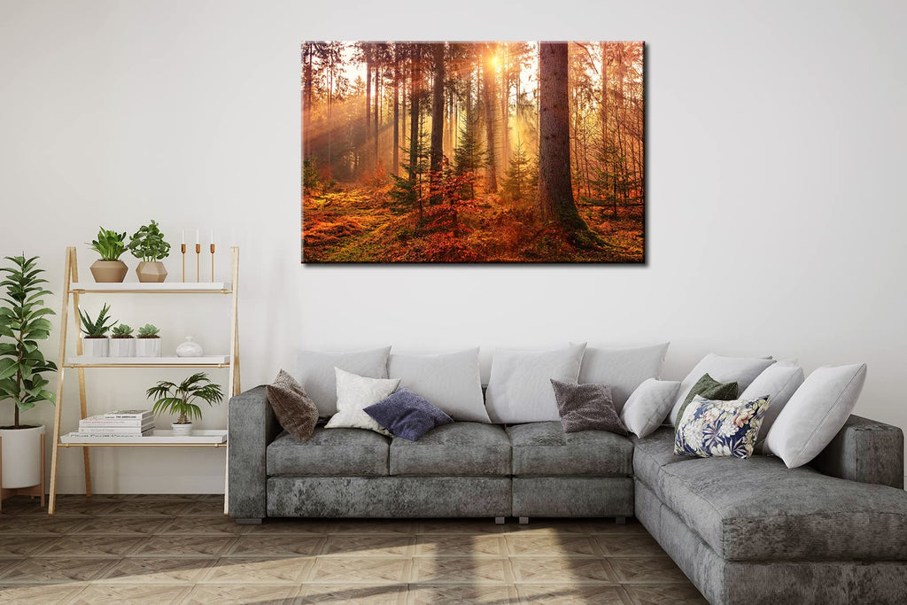 Mystery Forest Light Wall Art, Nature Landscape Pictures Canvas Prints Wall Decor, Autumn Trees Paintings Hang