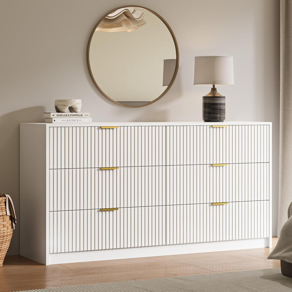 55" Wide Fluted 6-Drawer Double Dresser, White
