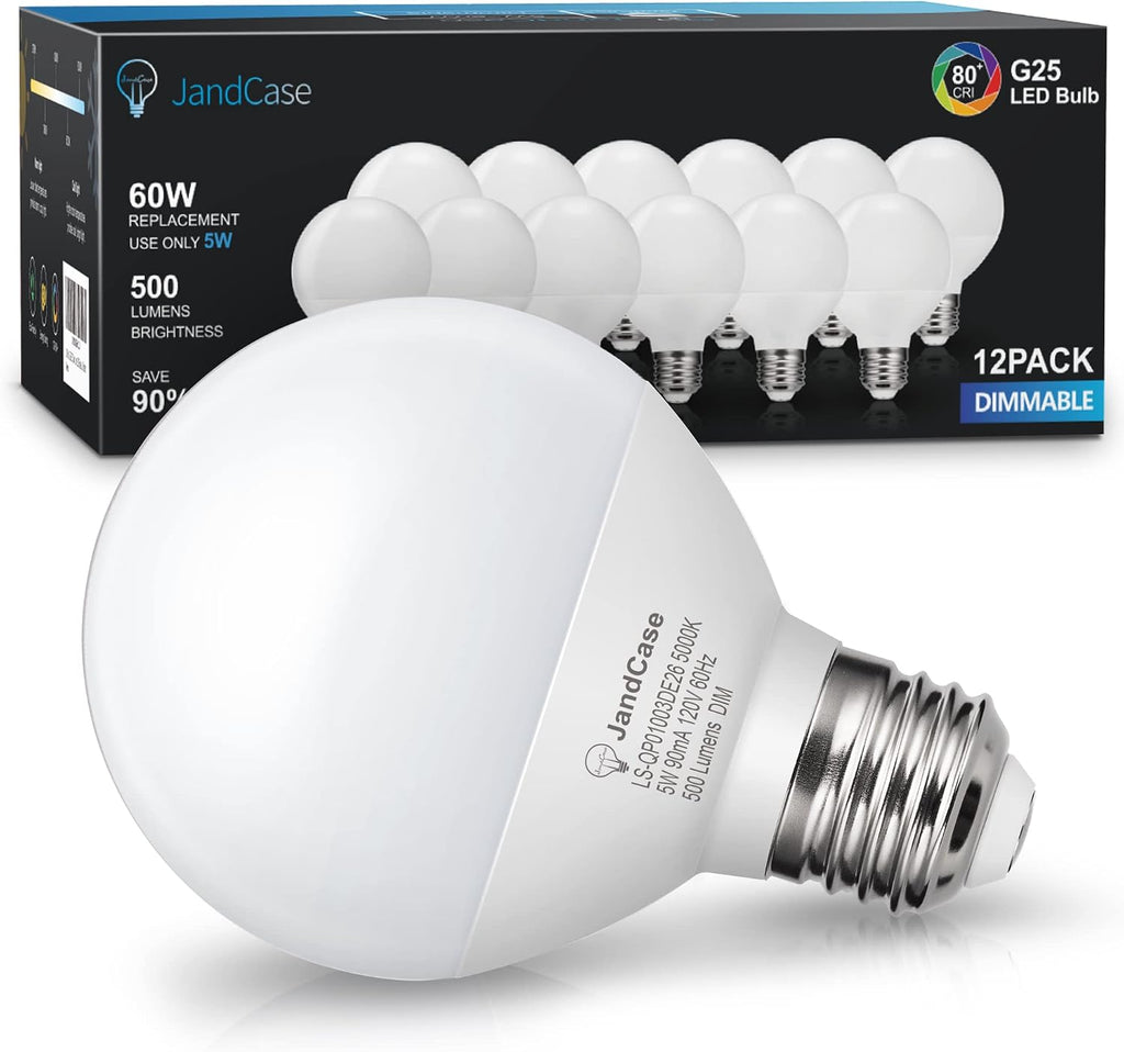 G25 LED Vanity Light Bulbs, Dimmable Globe, 5W(60W Equivalent), E26 Base, CRI 80, Daylight White 5000K, 500LM, UL