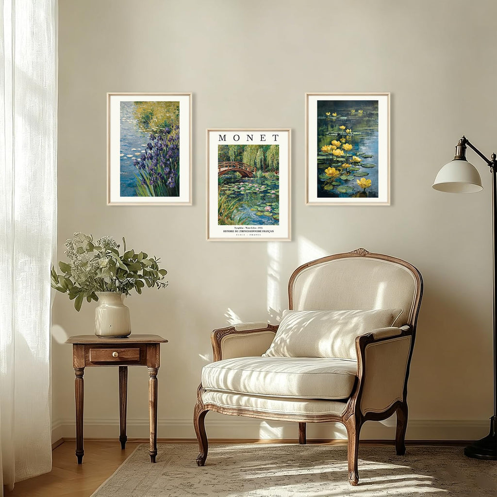 Monet Water Lilies Impressionist Framed Canvas Wall Art Set, Sage Green Monet Pond Watercolor Floral Botanical Wall