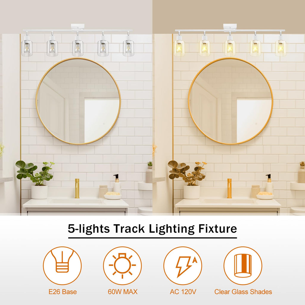 40" Track Lighting Fixtures Ceiling, 5-Light Track Light with Clear Glass Shade, White Ceiling Spotlight Kit