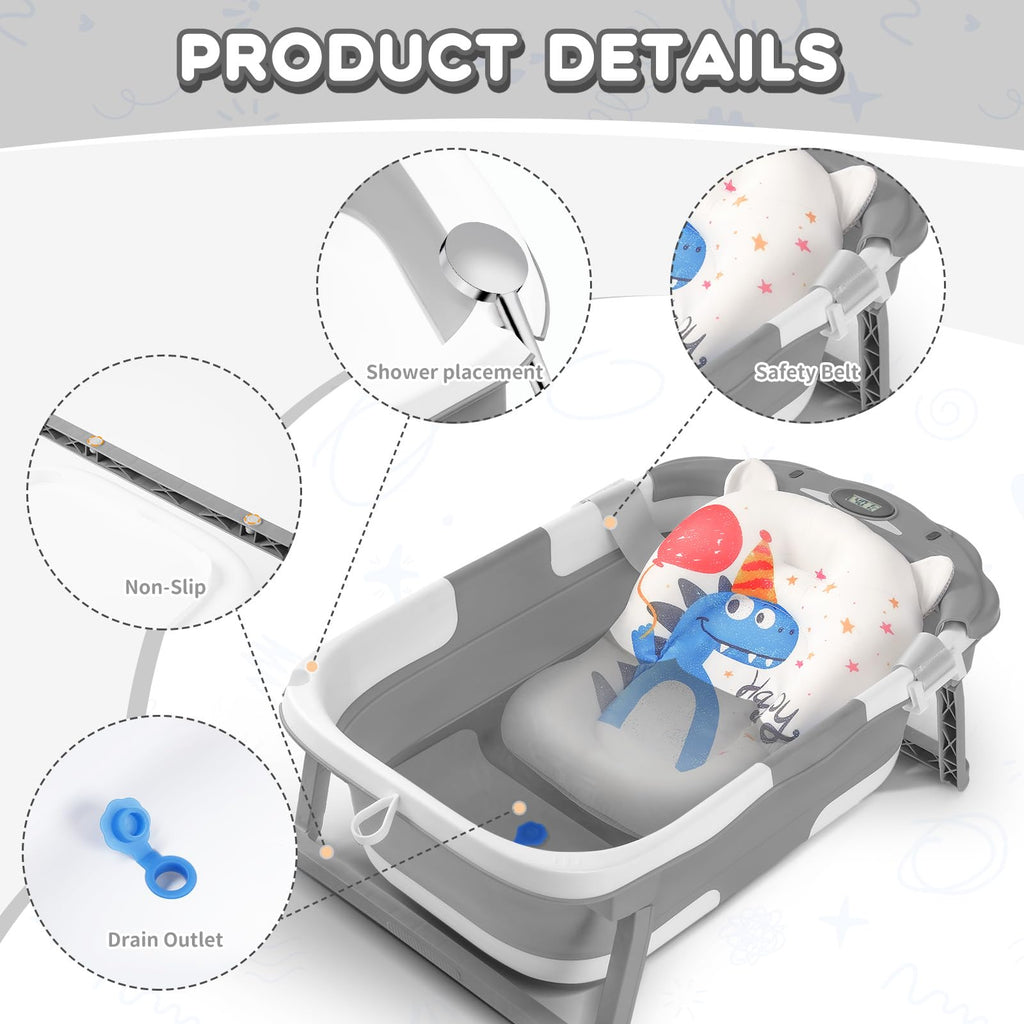 Bathtub Collapsible with Thermometer & Cushion, Portable Travel Tub