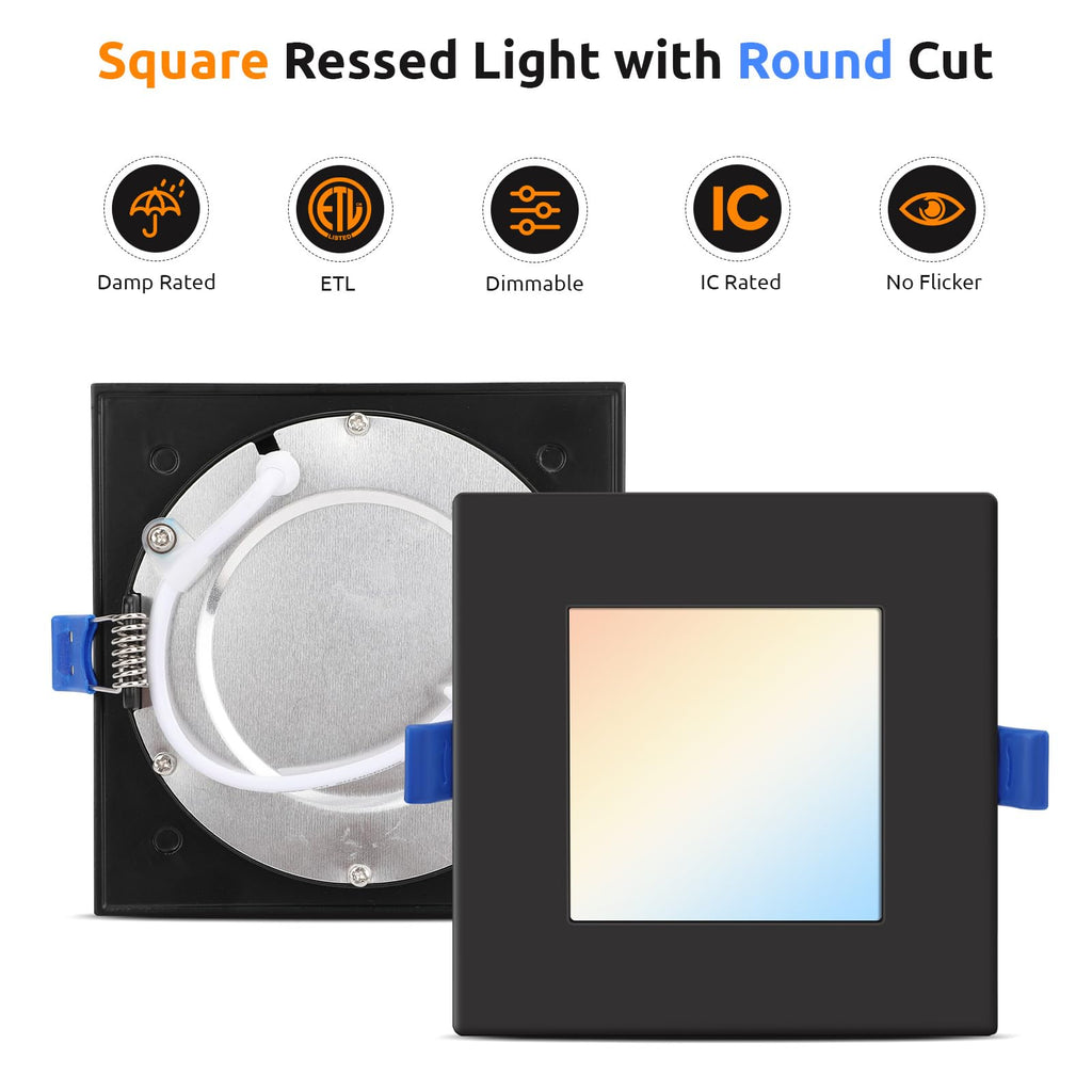 4 Inch Square LED Recessed Lighting 6 Pack, 5CCT, 9W, Dimmable