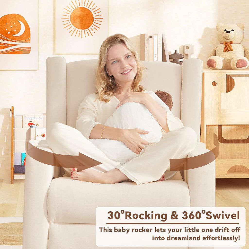 32" Nursery Rocking Chair, 360° Swivel Recliner Chair with Lumbar Support, Comfy Upholstered Armchair with Pillows &