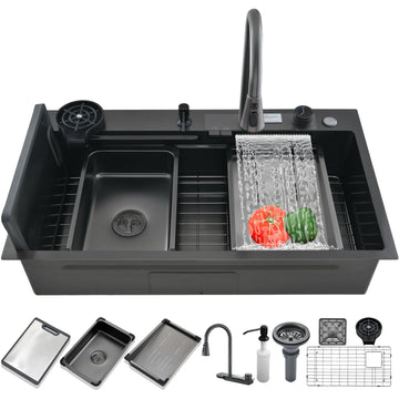 Black with bottom screen, 26 Inch Nano Stainless Steel Waterfall, Countertop Workstation Single Sink Set &