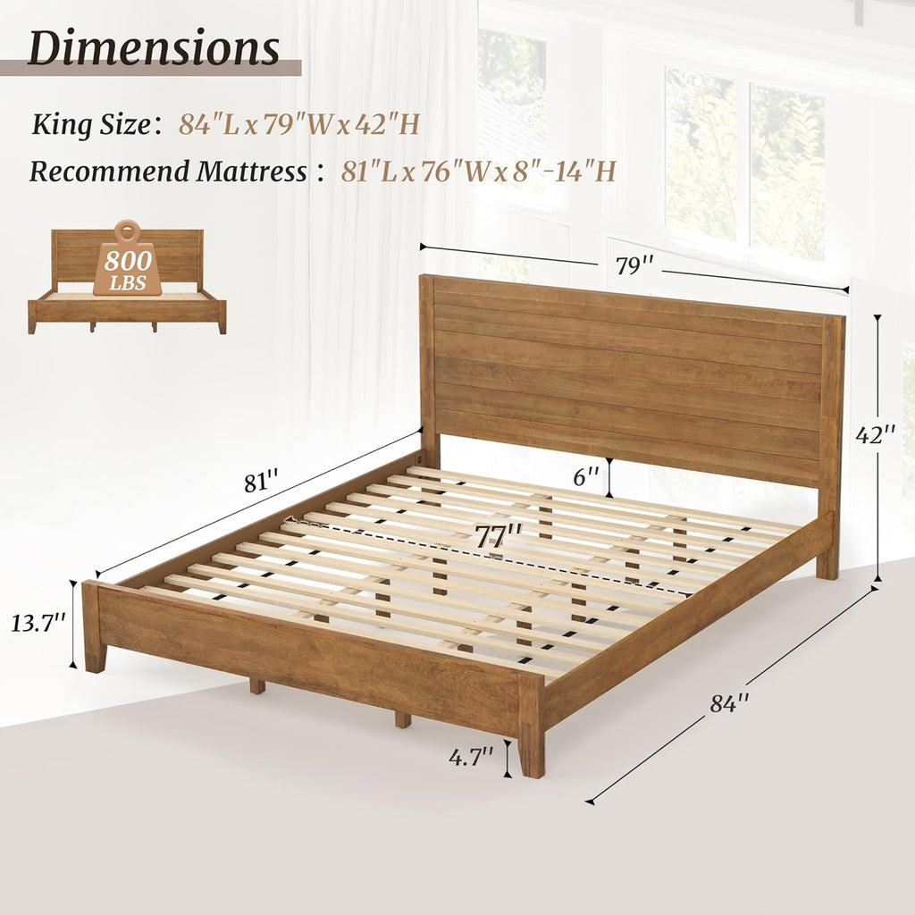 King Bed Frame and Headboard, 100% Solid Acacia Wood Platform, 800lb Heavy Duty Support with 10 Reinforced Legs