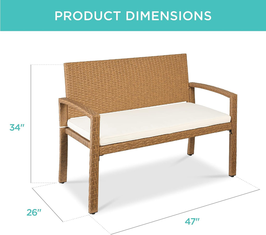Outdoor Bench 2-Person Wicker Garden Patio Benches Seating Furniture for Backyard, Porch w/Seat Cushion, 700lb
