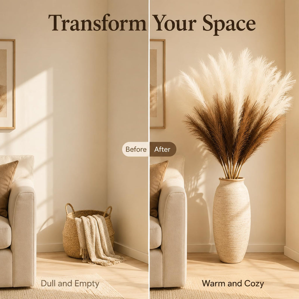 Artificial Pampas Grass, 9 Pcs 45" Mixed Color Off-White & Brown